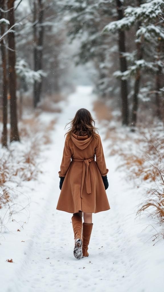 A woman walking in the snow wearing a long-sleeve dress and knee-high boots