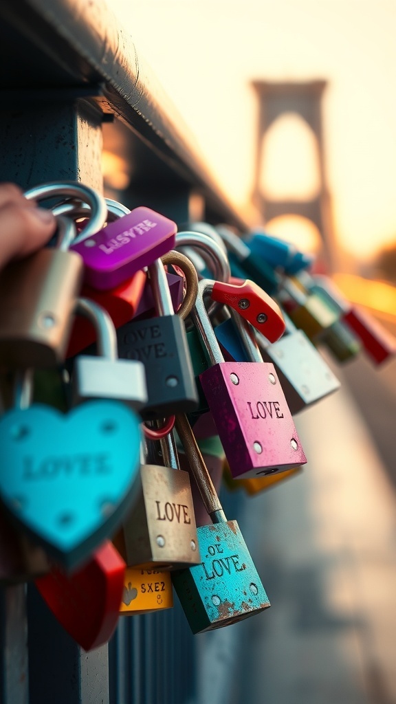 Colorful love locks hanging on a bridge, symbolizing love and commitment.