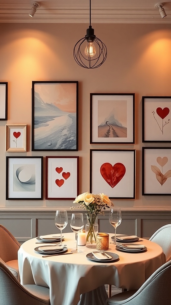 A dining room with a love quote wall art, featuring a wooden table and chairs, creating a romantic setting.