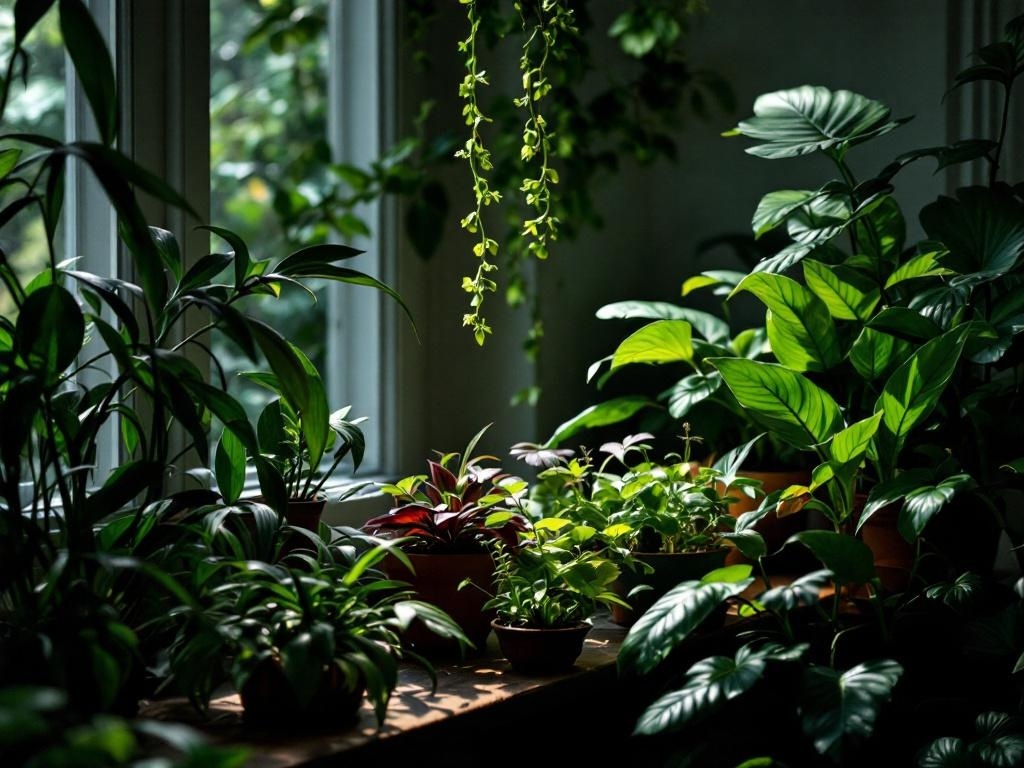A room filled with various plants in low light, showcasing a cozy and refreshing atmosphere.