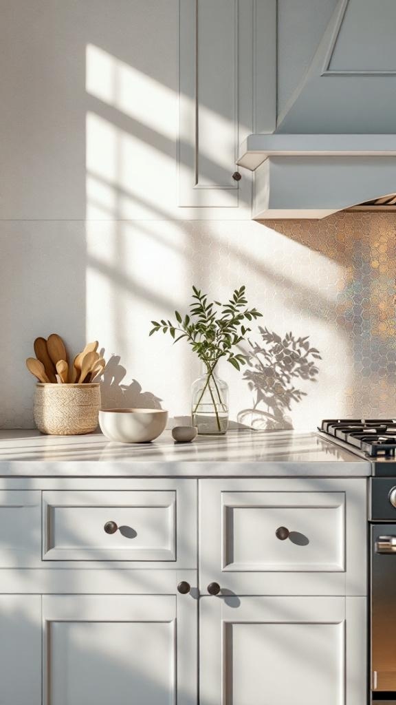 A modern kitchen featuring luminous pearl tiles as a backsplash, with light cabinetry and natural decor.