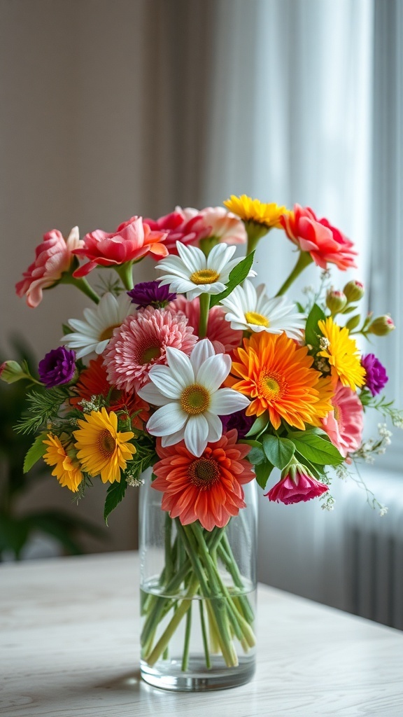 A vibrant bouquet of flowers including daisies and gerberas in a clear vase.