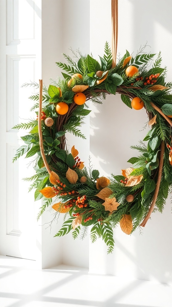 A fall wreath featuring greenery, orange accents, and autumn leaves.