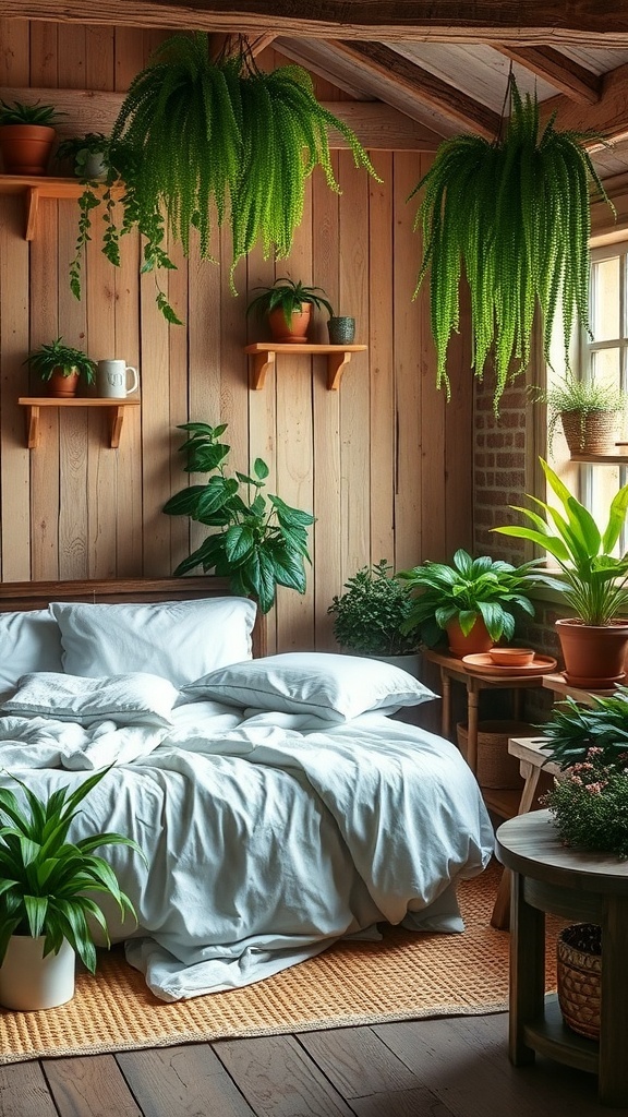 A rustic farmhouse bedroom with indoor plants and greenery.