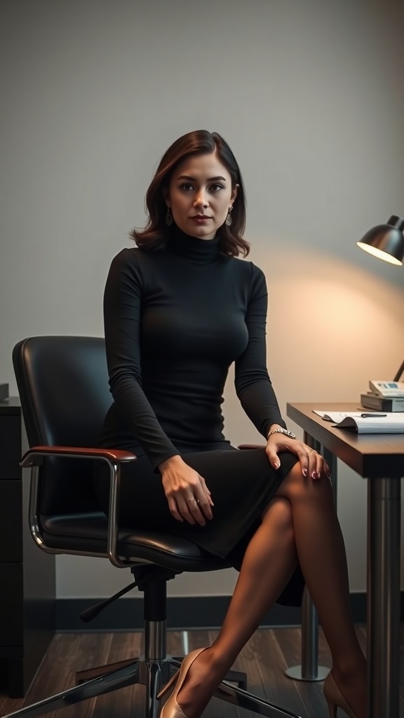 A woman in a black turtleneck and pencil skirt sitting at a desk, exuding a professional vibe.