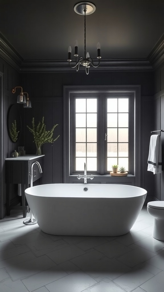 Luxurious black modern farmhouse bathroom featuring a white bathtub, dark walls, and elegant lighting.