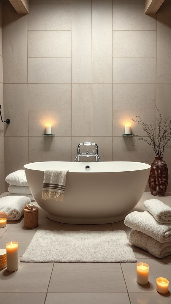 A modern luxurious bathtub in a serene spa-like bathroom setting with candles and towels.