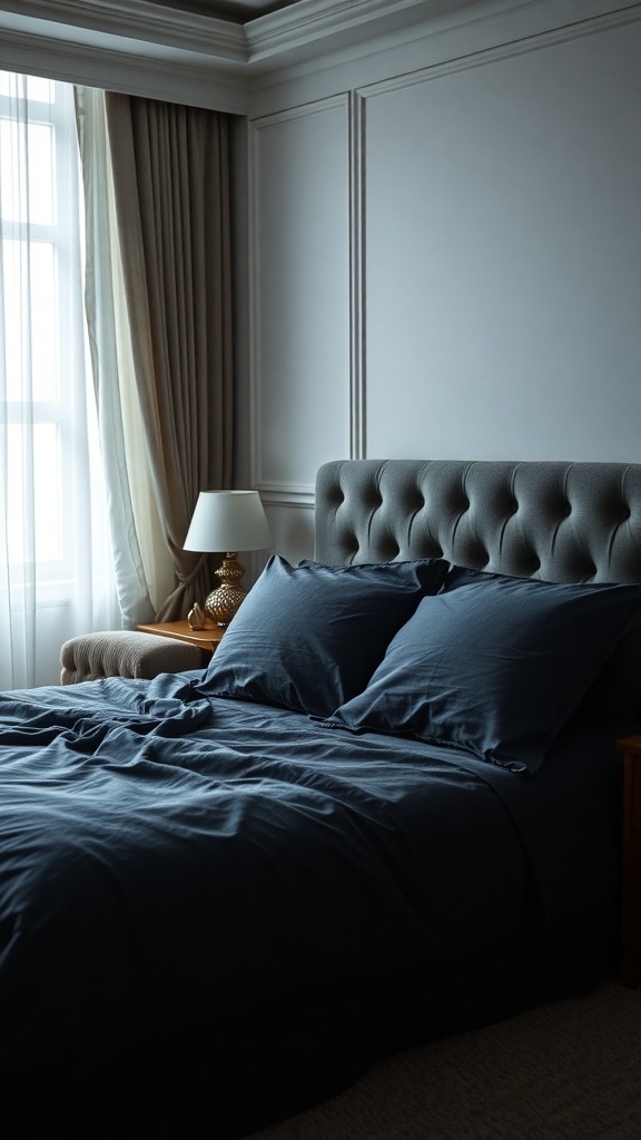 A cozy dark bedroom with luxurious bedding in deep colors.