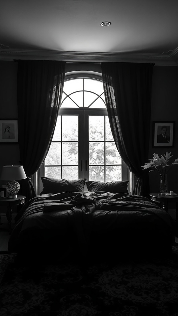 A stylish bedroom featuring black drapes framing a large window, with a neatly made bed and decorative elements.
