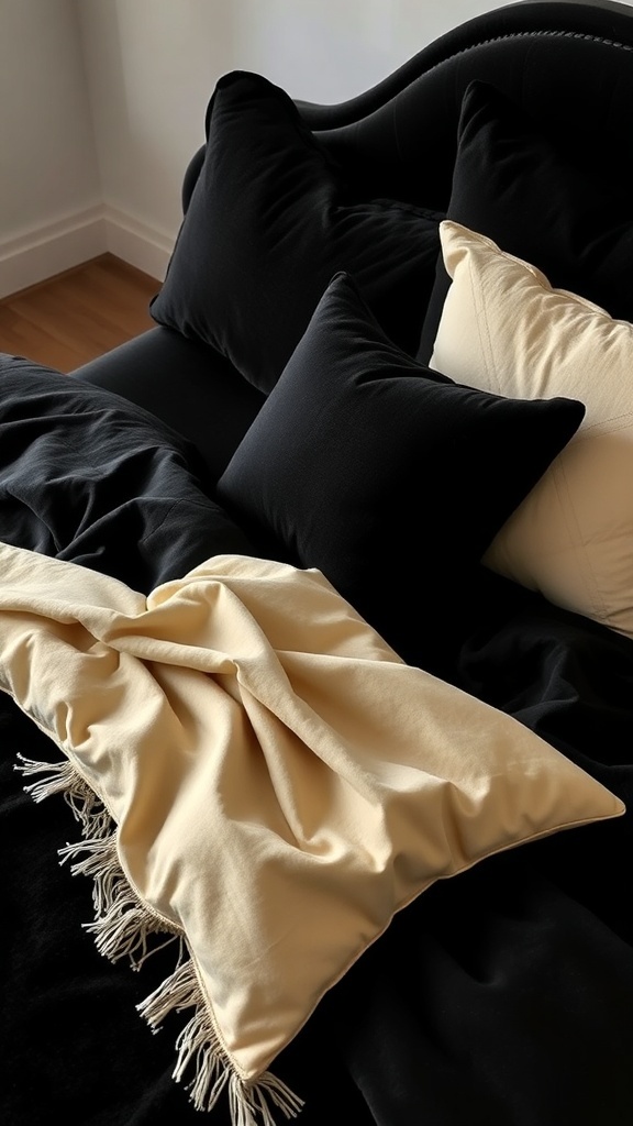 Black velvet bedding with cream pillows and throw blanket on a bed.