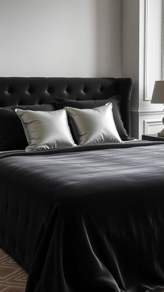 Luxurious black velvet bedding with silver pillows in a stylish bedroom.