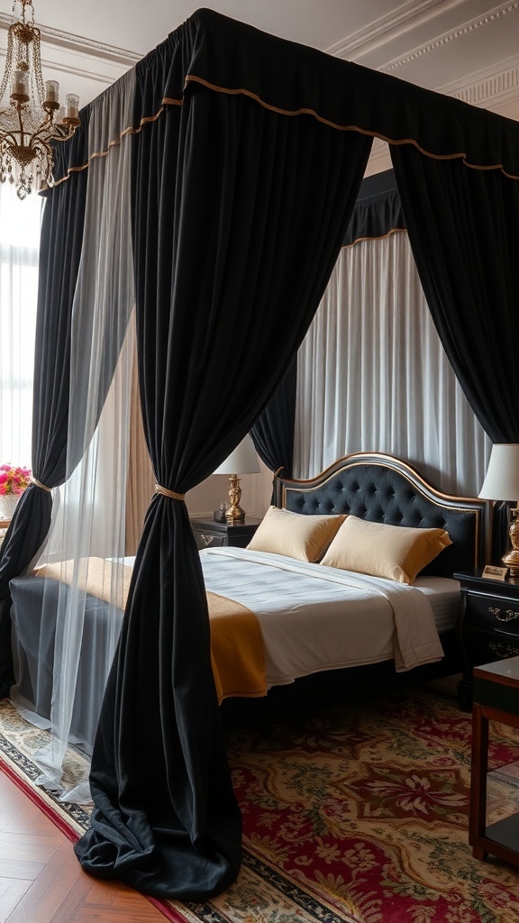 Luxurious black velvet canopy bed with gold accents and warm yellow pillows in a stylish bedroom