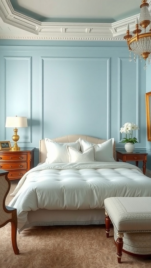 Luxurious light blue bedroom with elegant bedding and decor