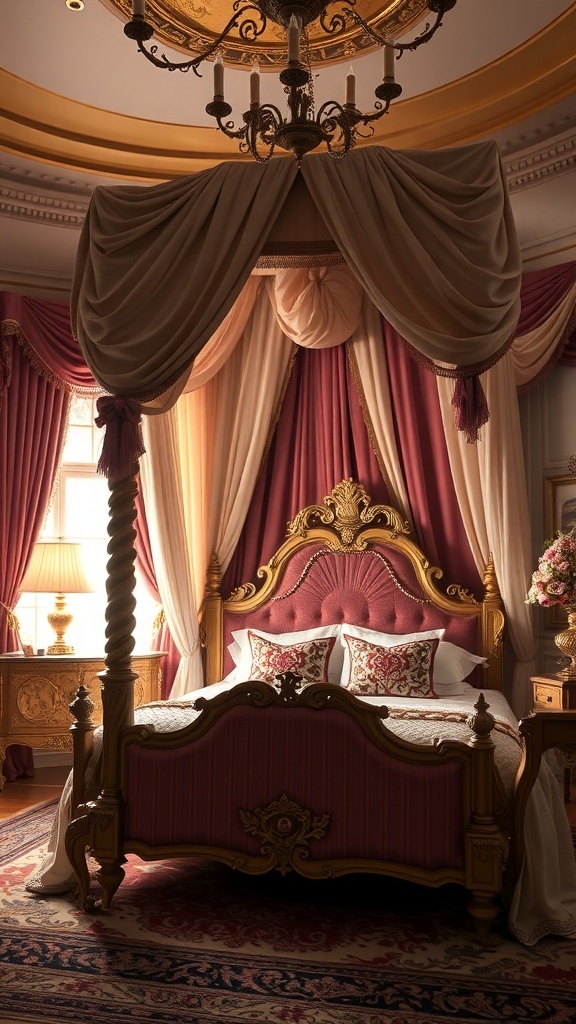 Luxurious canopy bed with drapes in a beautifully decorated bedroom
