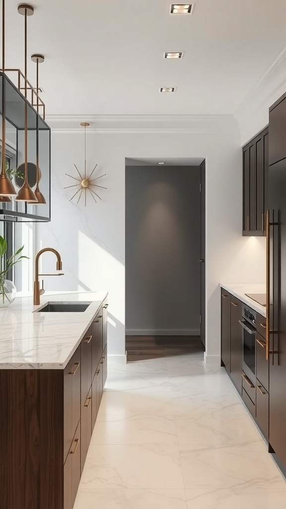 A modern kitchen with dark wood cabinets and a luxurious marble countertop.