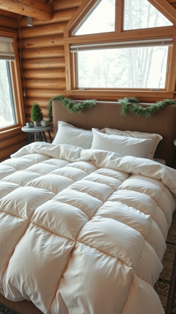 A cozy bedroom with a plush down comforter on the bed, surrounded by wooden walls and winter scenery outside.