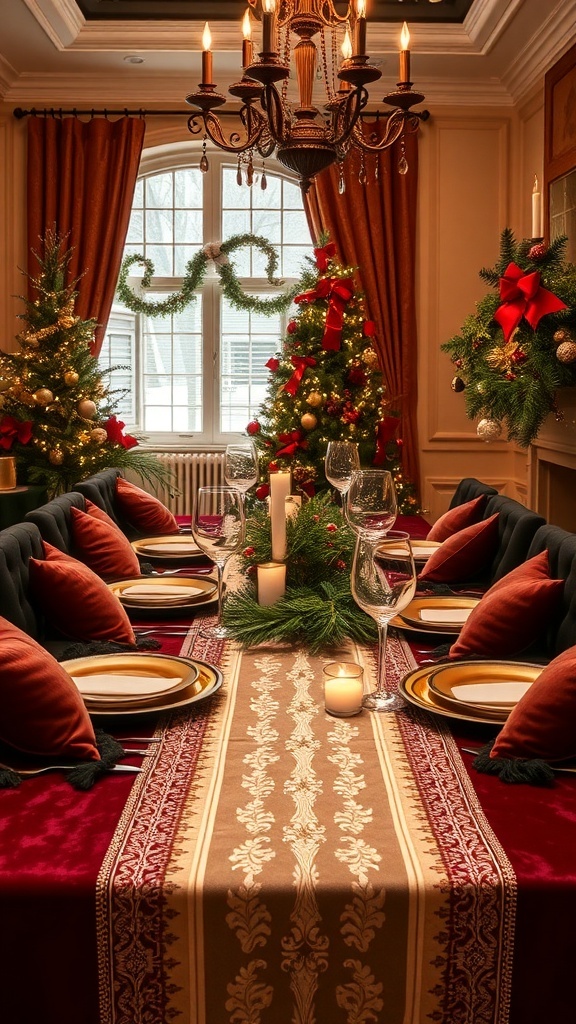 A beautifully decorated dining table with luxurious fabric accents for Christmas.