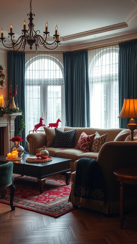 A beautifully decorated Christmas living room with luxurious fabrics and textures.