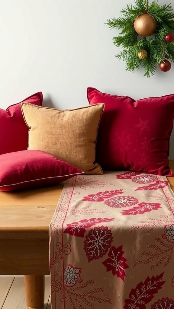 A cozy holiday setting with red and gold pillows and a patterned table runner.