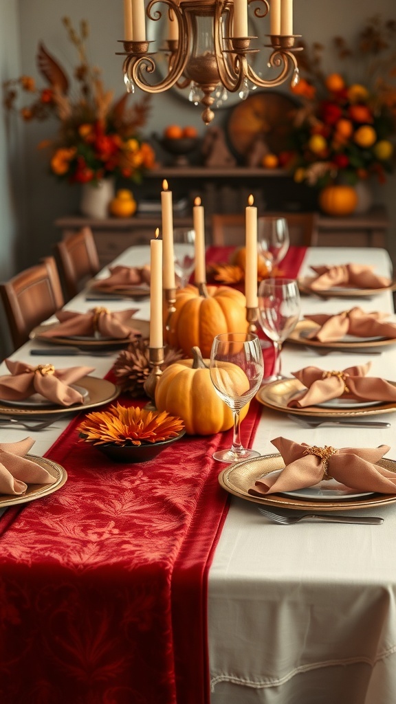 An elegant Thanksgiving table setting with a red table runner, white tablecloth, gold-rimmed plates, and pumpkins as centerpieces.