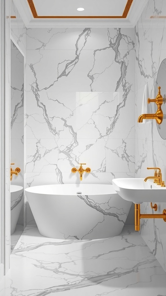 A luxurious bathroom featuring marble tiles and gold fixtures.