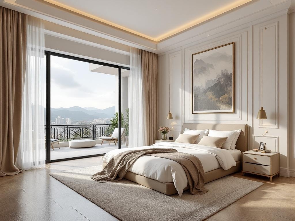 A luxurious master suite featuring a cozy bed, elegant decor, and large windows with mountain views.