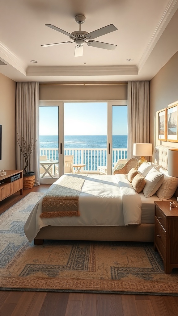 Luxurious master suite with a view of the ocean and a private balcony