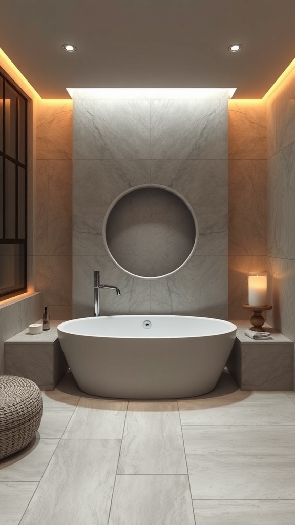 A luxurious bathroom with a freestanding tub, marble walls, and soft lighting.