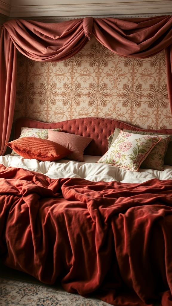 A luxurious moody bedroom with rich textiles, featuring a deep red blanket, patterned pillows, and elegant drapery.