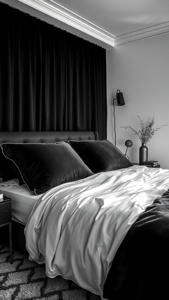 Luxurious black and white bedroom with textured fabrics