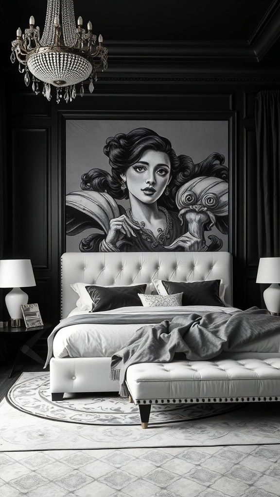 Luxurious black and white bedroom featuring plush bedding and elegant decor.