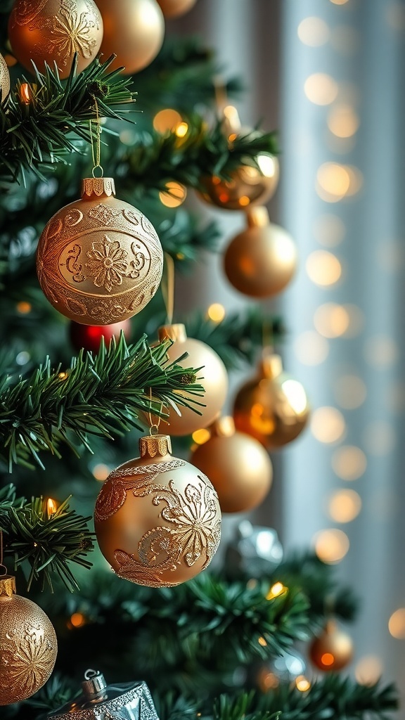 Close-up of luxurious gold and silver Christmas tree ornaments