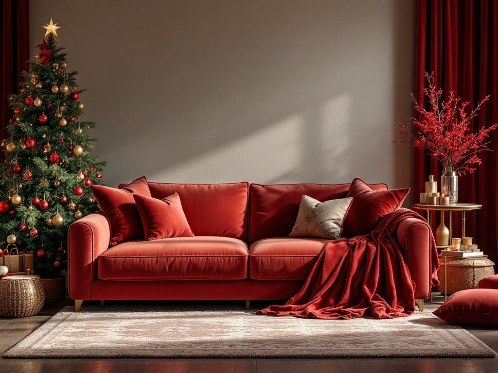 A cozy living room decorated for Christmas with a red velvet sofa, a Christmas tree, and festive decor.