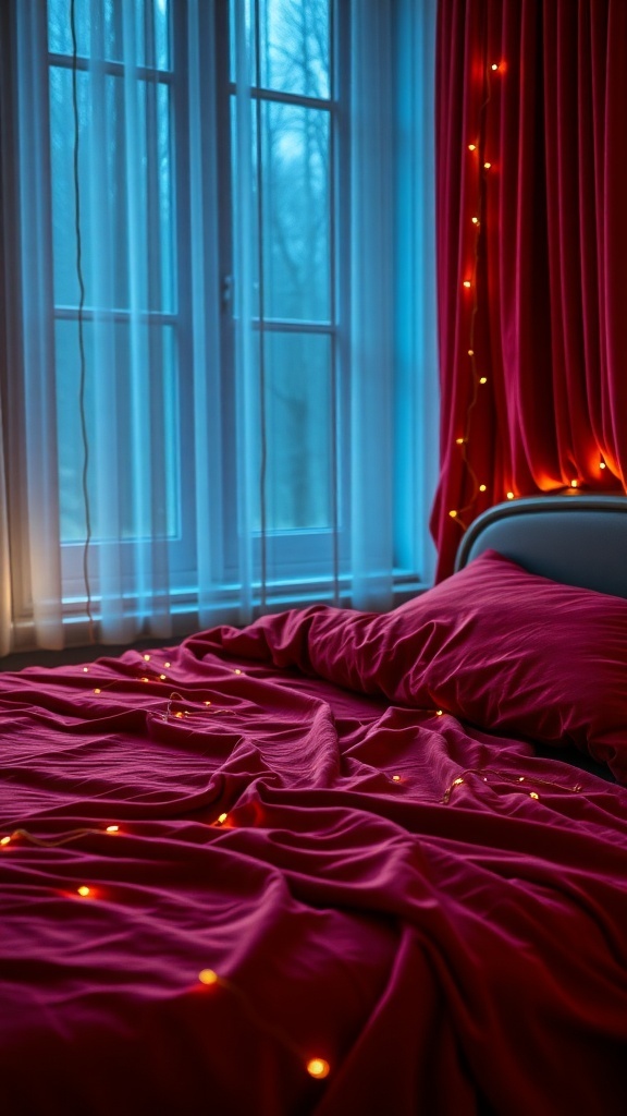 A cozy bed with a red velvet bedspread and soft lighting.