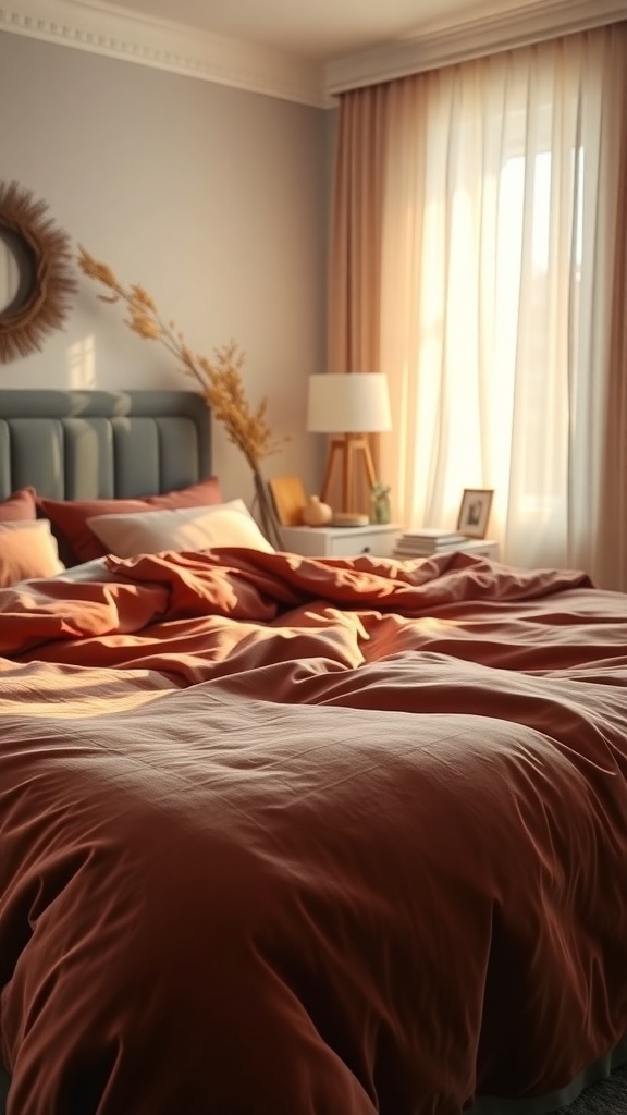 A cozy bedroom featuring a rust-colored velvet duvet on a neatly made bed, with natural light streaming through sheer curtains.