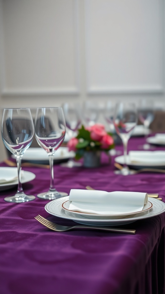 A beautifully set dining table with a purple velvet table runner, elegant plates, glasses, and a floral centerpiece.