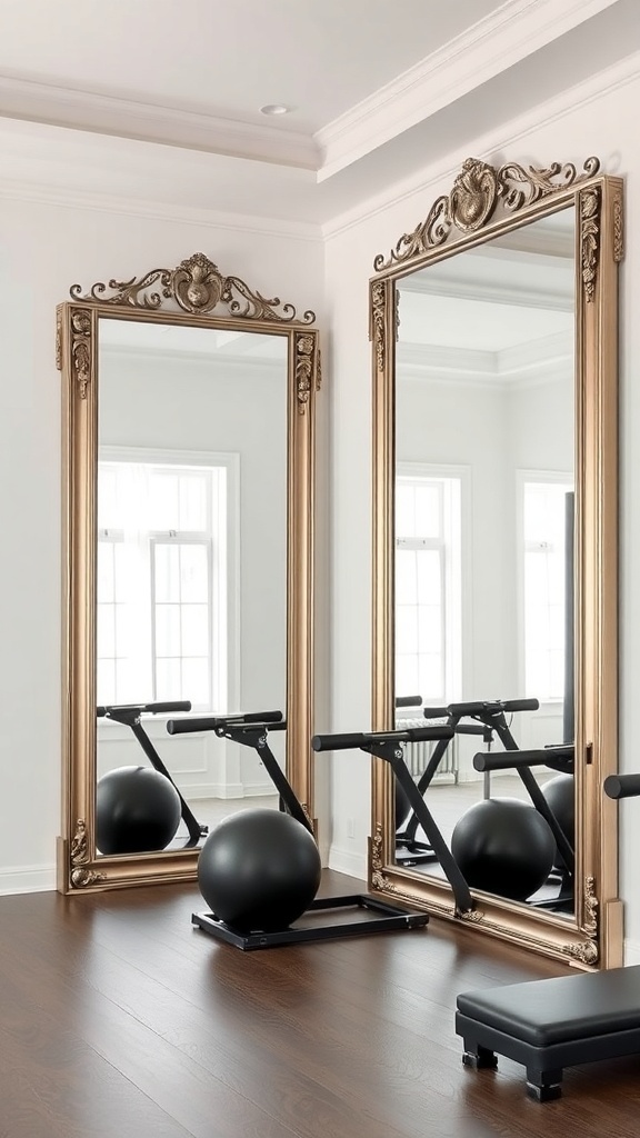 Elegant gym mirrors with ornate frames reflecting gym equipment