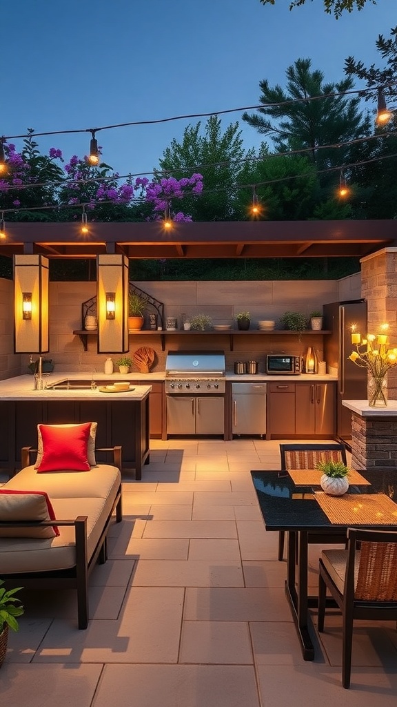 A luxurious outdoor kitchen with modern appliances, cozy seating, and beautiful lighting.