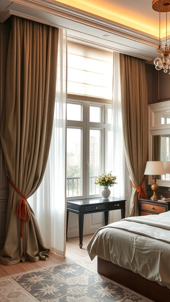 Luxurious bedroom with elegant window treatments and soft lighting