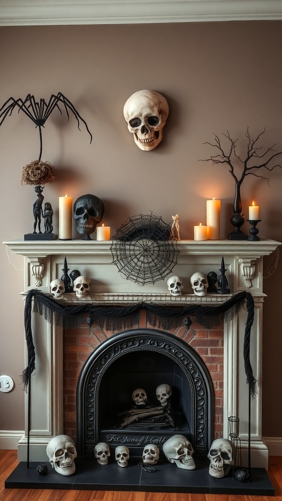 A spooky mantelpiece decorated for Halloween with skulls, candles, and spider webs.