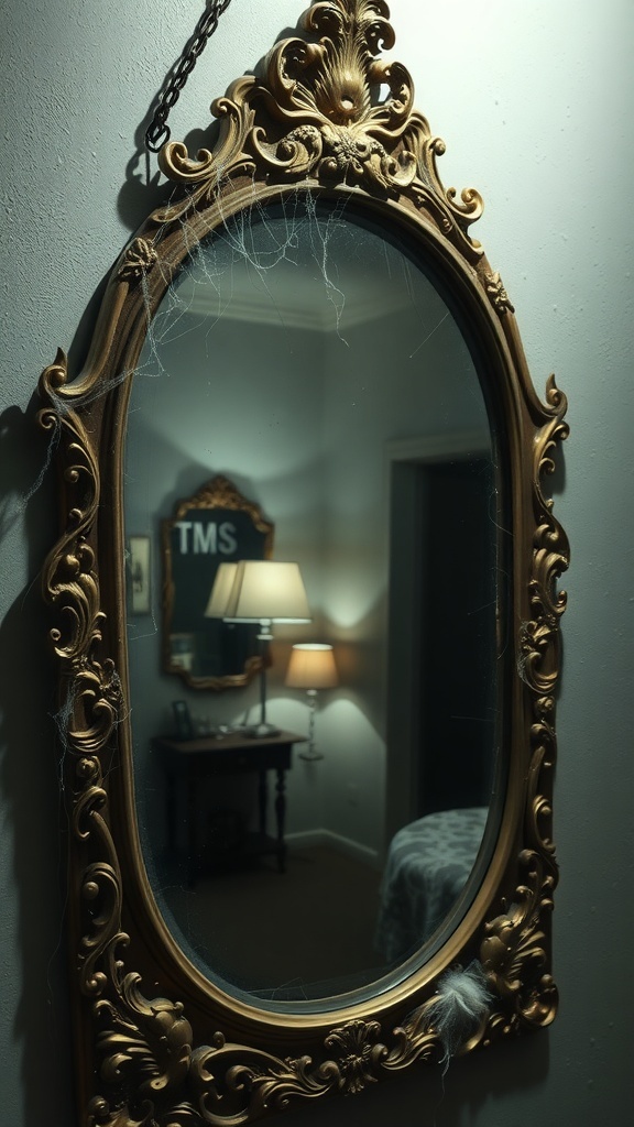 An ornate mirror with cobwebs, reflecting a dimly lit room with a lamp and furniture.