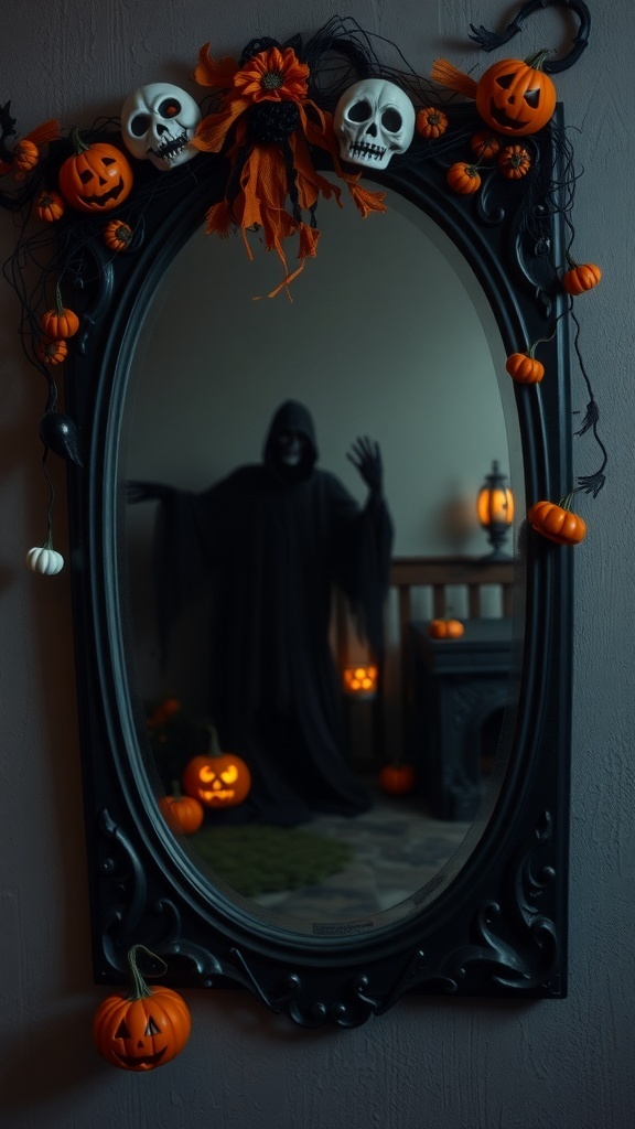 A spooky mirror decorated with skulls and pumpkins, reflecting a shadowy figure in a cloak.