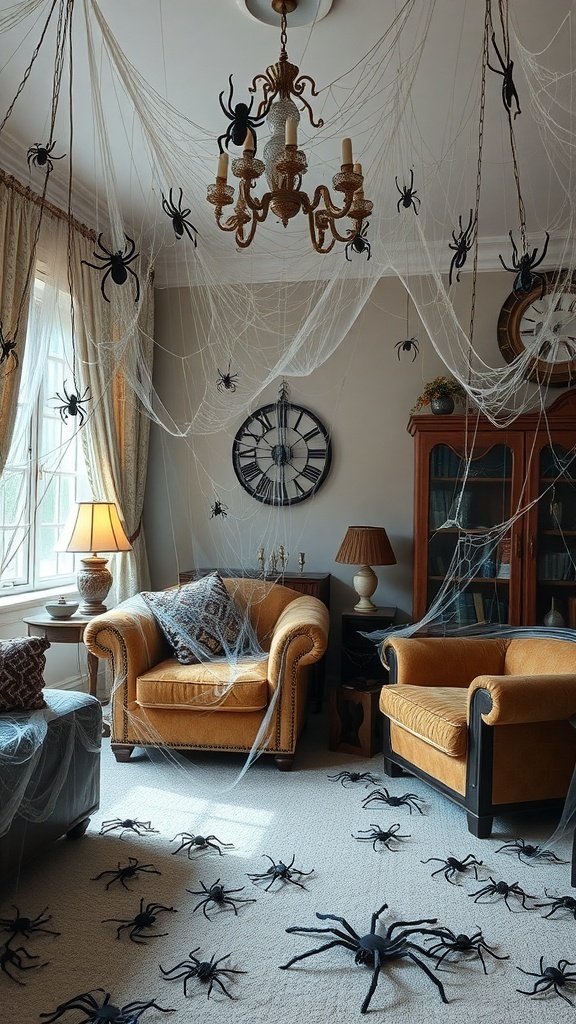 A cozy living room decorated with spider webs and black spiders for Halloween.