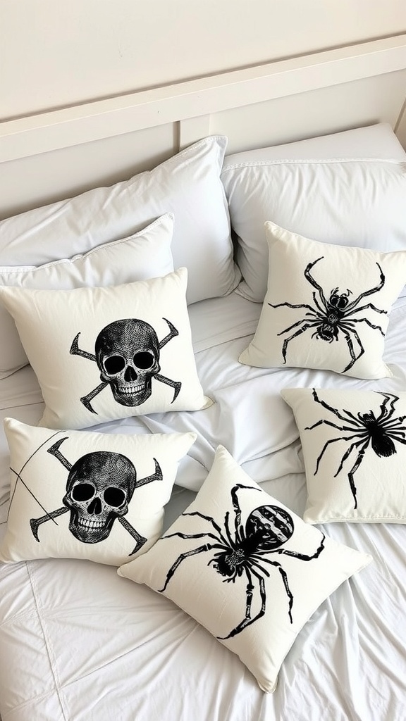 A collection of throw pillows with skull and spider designs on a bed.