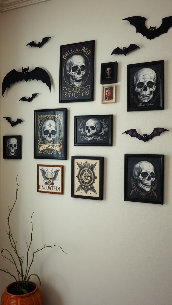 A wall decorated with macabre art featuring skulls and bats for Halloween.