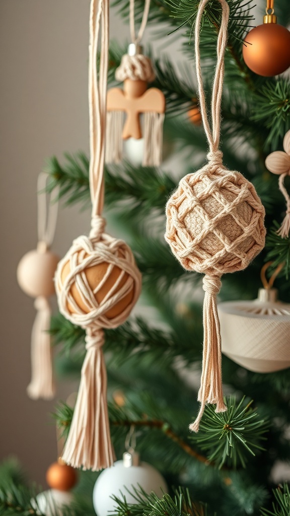 Macrame ornaments hanging on a Christmas tree