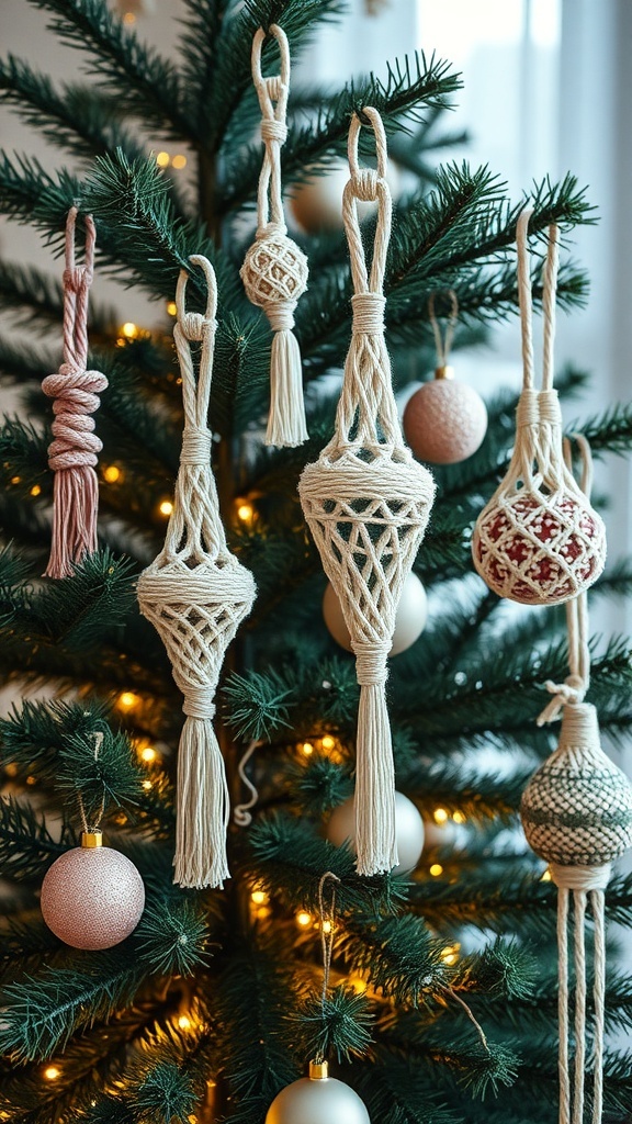 Macrame ornaments hanging on a Christmas tree