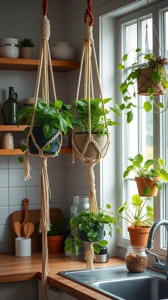 Two macrame plant hangers with green plants in a cozy kitchen setting