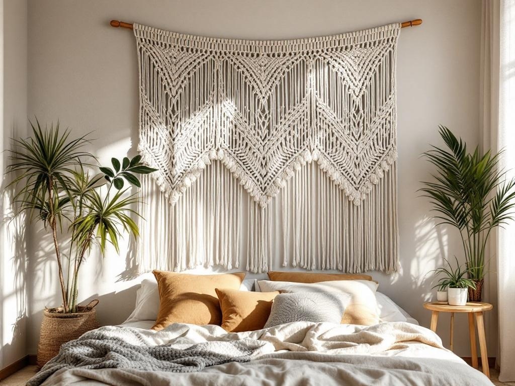 A macrame wall hanging above a bed with warm bedding and plants in a cozy bedroom