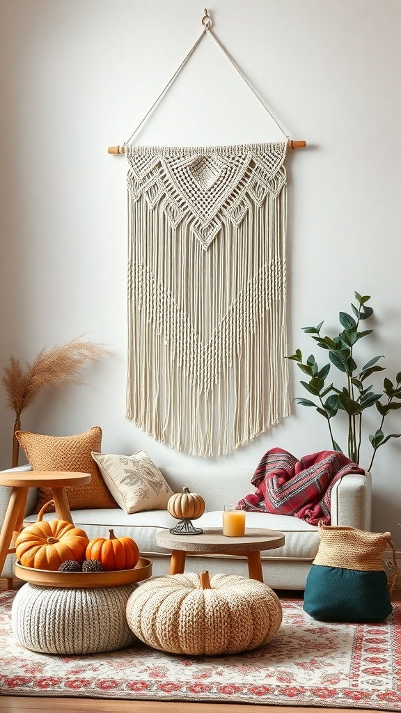 A cozy living room featuring a large macrame wall hanging, pumpkins, and warm textiles.